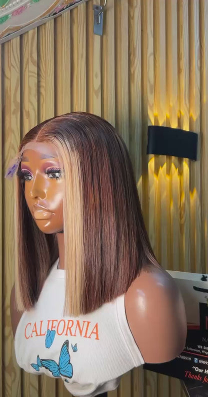 Coupe courte vietnamienne marron blond mèche - Long 12 - Densité 210%